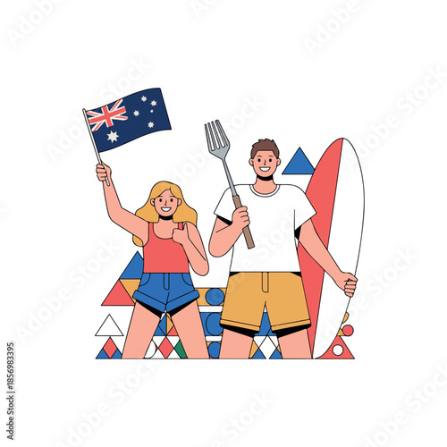 stylized illustration of australia day celebration with flag and summer activities