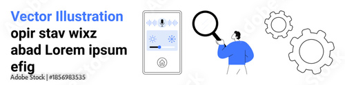 Research, technology, smart devices, analysis, innovation, data exploration. A man holds a magnifying glass beside a smart device and two gear icons. Research and technology concept