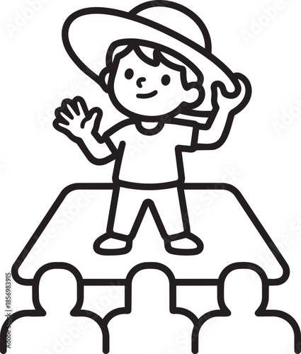 Childrens entertainer with large hat waving to audience on raised stage in flat icon style