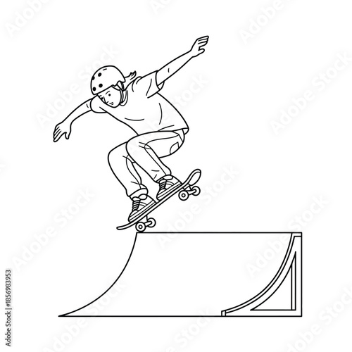 Dynamic skateboarder performing trick on ramp - minimalist line art vector