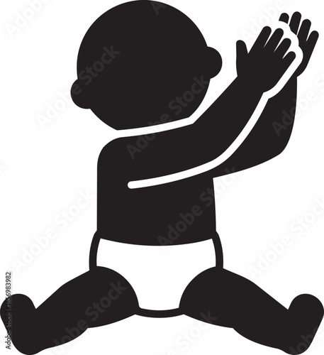Cute black silhouette icon of baby sitting up happily on floor and clapping hands in playful manner