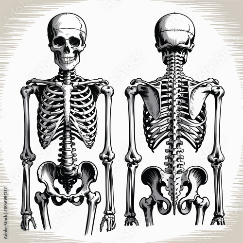 Detailed anatomical human skeleton vector illustration - front and back view
