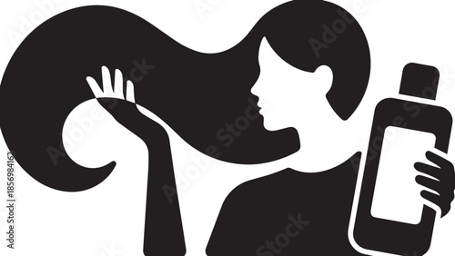 Graceful woman profile with beautiful wavy hair holding cosmetic product bottle for salon logo