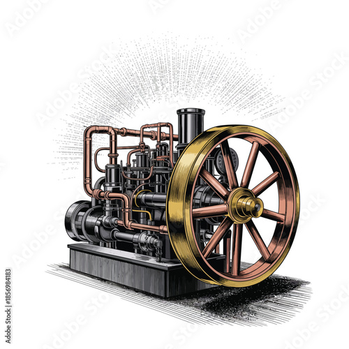 Vintage industrial steam engine vector illustration with brass and copper details