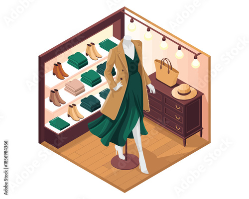 Isometric cartoon bathroom with cleaning supplies and organized shelves