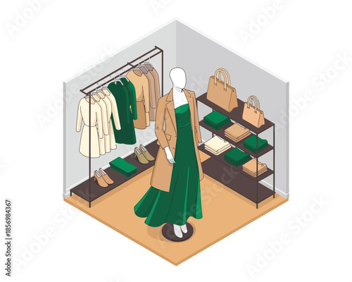 Isometric dressing room with green evening gown and wardrobe