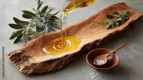 Wallpaper Mural Pouring olive oil into a wooden dish with fresh leaves on a table during a cooking session in a kitchen setting Torontodigital.ca