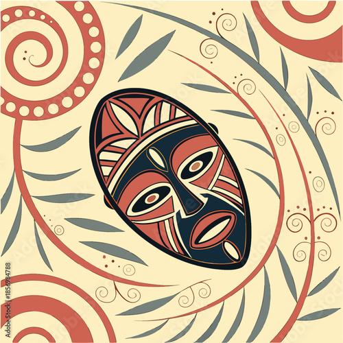Traditional Sri Lankan and African Tribal Mask Illustrations with Abstract Background Patterns.