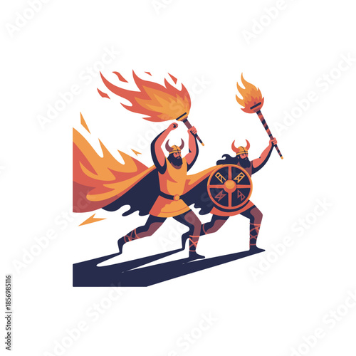 nordic fire festival illustration with marching figures and flames