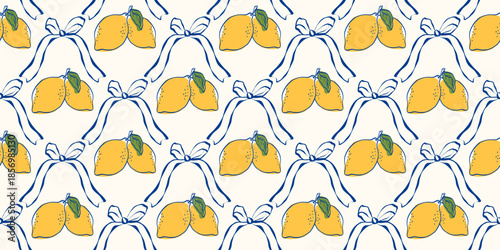 Seamless lemon pattern with blue stripes, bows, and Mediterranean vibe. Designed for Italian kitchen decor, summer textiles, and fresh food-themed backgrounds
