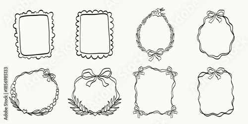 Set of whimsical rectangle, oval and round hand-drawn frames in trendy, vintage styles. Cute frames suitable for labels, logos, invitations, packaging, creative projects