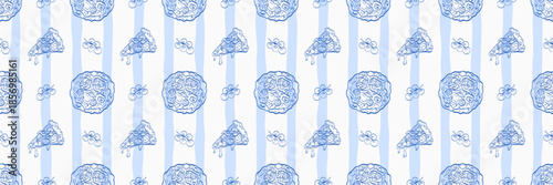 Seamless pattern with pizza slices, tomatoes, herbs and cheese on a warm background. Italian food theme suitable for packaging, restaurant branding, textiles, stationery and kitchen decor