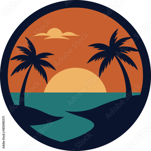 Circular emblem with calm evening tropical mood for summer travel logo and apparel Vector illustration