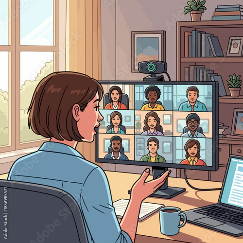 Woman in video conference call with diverse colleagues working from home office