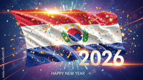 Paraguay flag waving with fireworks and 2026 happy new year text