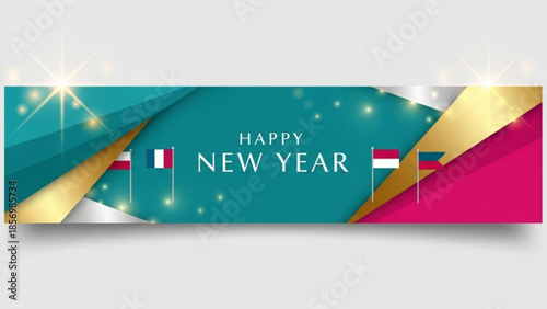 Happy new year banner with france and yemen flags in teal and pink