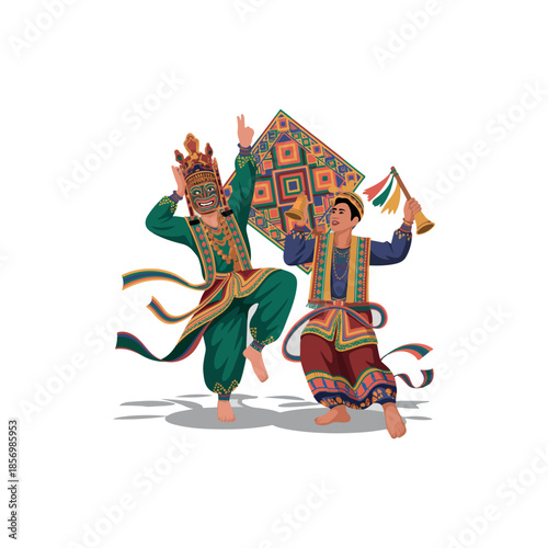cultural festival illustration featuring mask dance and ceremonial objects