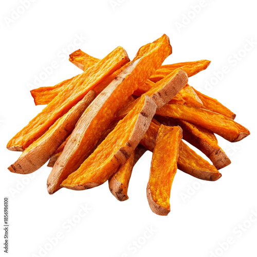 Crispy sweet potato fries isolated on transparent background