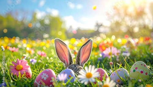 Wallpaper Mural Easter bunny ears peek over brightly colored eggs in a sunny, blooming meadow. Torontodigital.ca