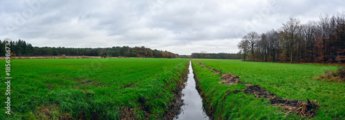 Expansive Green Fields With a Meandering Stream Under a Cloudy Sky Evoke Tranquility and Nature's Beauty in Rural Landscapes