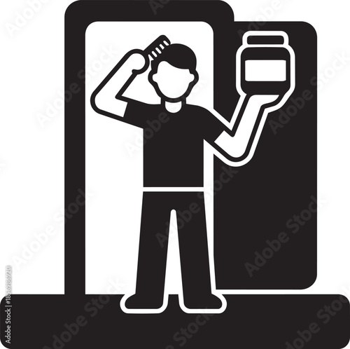 Man combing hair and holding styling gel jar daily grooming routine black silhouette illustration