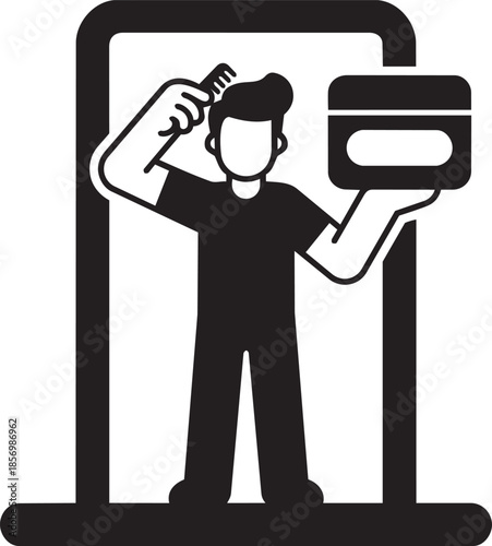 Man with comb and hair product in bathroom applying styling gel icon