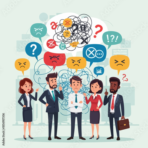 Confused business people arguing with angry emotions and question marks above heads