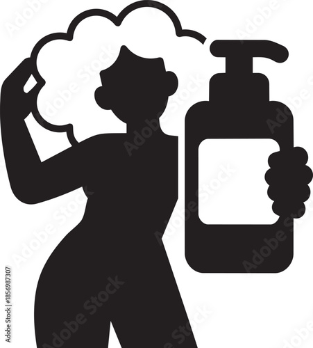 Silhouette of woman with afro curly hair holding large pump bottle of cosmetic product vector illustration
