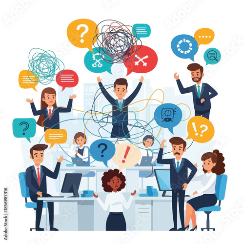 Confused business people in office with tangled communication lines and question marks