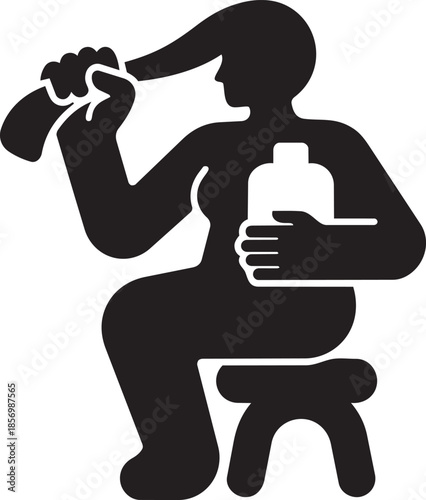 Woman silhouette applying hair product while sitting on small stool side view minimal vector illustration