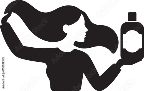 Woman silhouette with long flowing hair holding cosmetic bottle for beauty and hair care brand