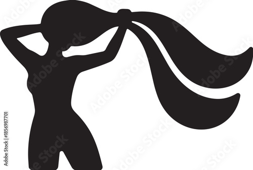 Woman styling her long flowing hair fashion and beauty silhouette black graphic illustration
