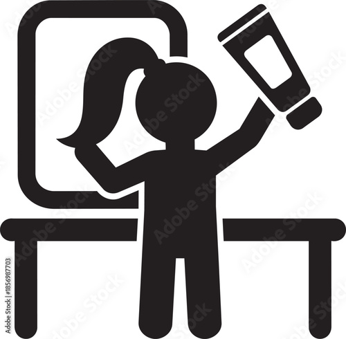 Woman with ponytail and hair product by mirror applying cosmetic tube icon