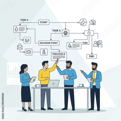 Business team analyzing workflow diagram and discussing project tasks at desk