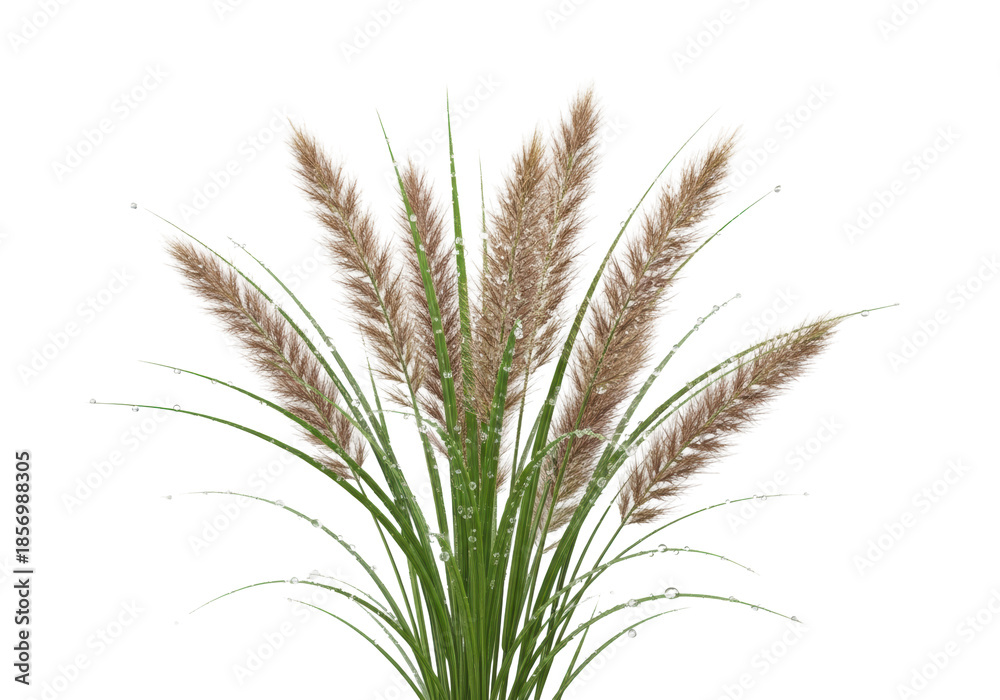 Fototapeta premium Elegant ornamental grasses with feathery tan seed heads, green blades, and delicate dew drops, isolated on a solid transparent background with even lighting, pristine botanical elegance