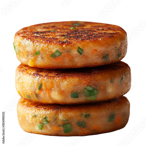 Stack of three savory pancakes isolated on transparent background