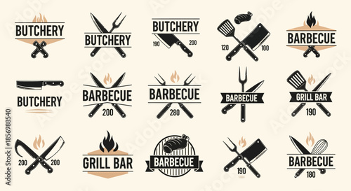 Collection of barbecue and butchery logos.