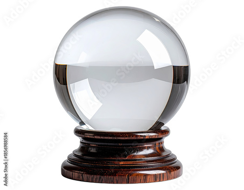 A close-up studio shot of a clear crystal ball sitting atop a wooden, decorative stand