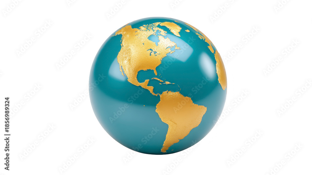 Obraz premium Golden continents blue ocean North America South America globe shiny isolated modern decorative world map elegant stylish geography 3D illustration luxury smooth artistic contemporary global sphere