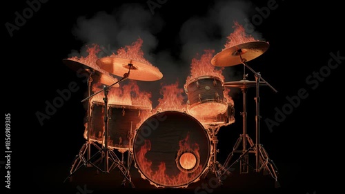 Drum set burns with vivid orange and red flames on a black background. Smoke rises and metal hardware glows, conveying energy and danger for music or performance concepts