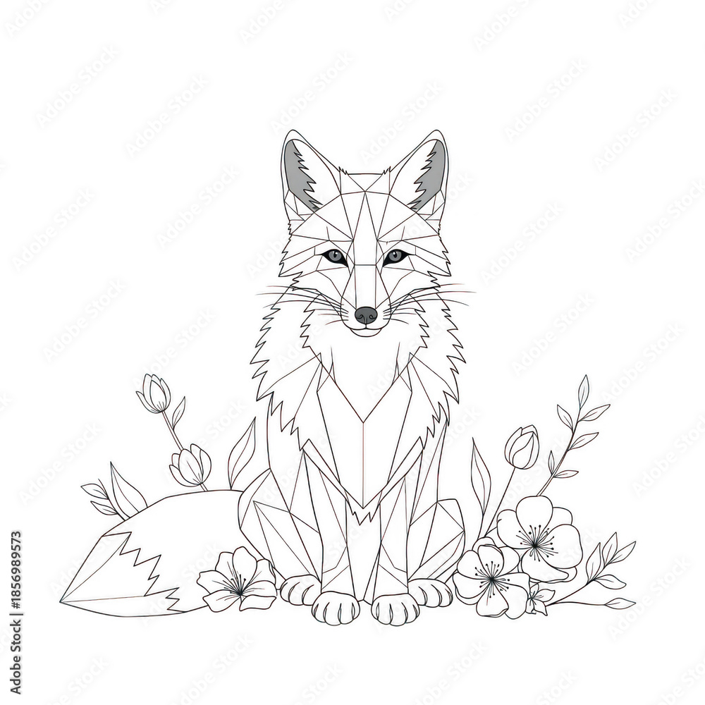 Obraz premium Geometric fox amongst flowers isolated on transparent background