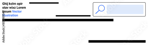 Data search, online research, digital services, user interface, website design, information retrieval. Magnifying glass and placeholder on an interface. Data search and online research concept