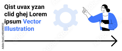 Business planning, workflow design, process management, strategy planning, teamwork, organizational growth. Person pointing to gear icon with an arrow below. Business planning and workflow design