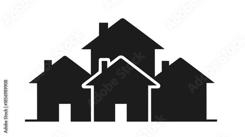 A simple black silhouette depicting a cluster of houses on a white background