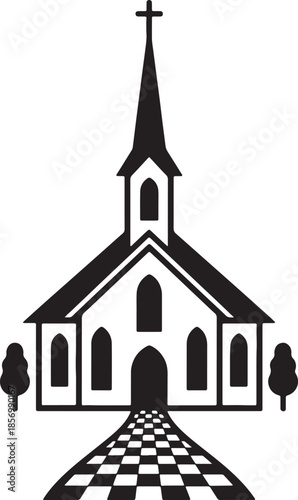 A classic church building with a steeple, arched windows, and a checkered pathway leading to the entrance, representing faith and community also transparent background