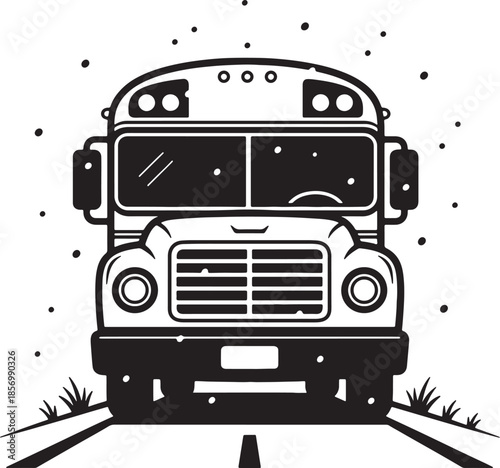 Front view of a classic yellow school bus driving on a road with grass on the sides, symbolizing education, transportation, and childhood also transparent background