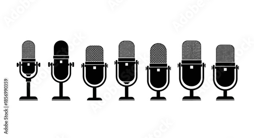 A row of microphones in various shades.