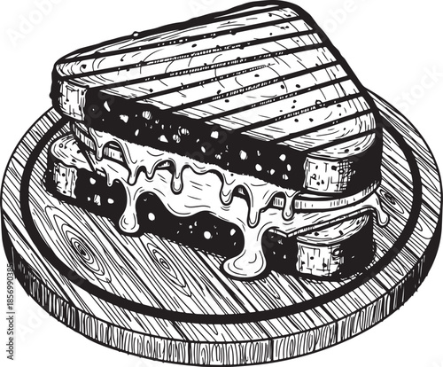 Hand-drawn of a grilled cheese sandwich oozing with melted cheese, presented on a wooden cutting board also transparent background