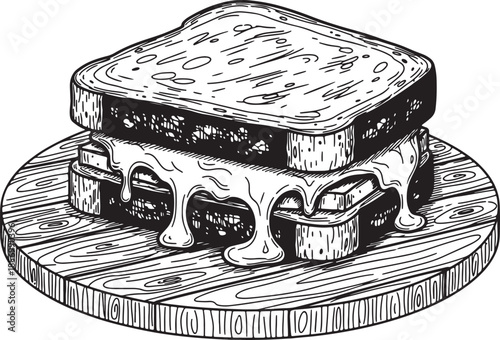 Hand drawn of a delicious grilled cheese sandwich with melted cheese oozing out served on a wooden cutting board food blogs and recipe books also transparent background