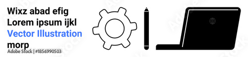 Work efficiency, technology, digital tools, innovation, professional design, productivity solutions. A gear, pen and a laptop. Work efficiency and technology integration concepts